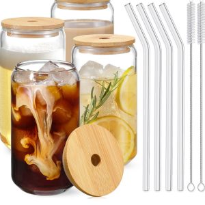 Drinking Glasses with Bamboo Lids and Glass Straw 4pcs Set